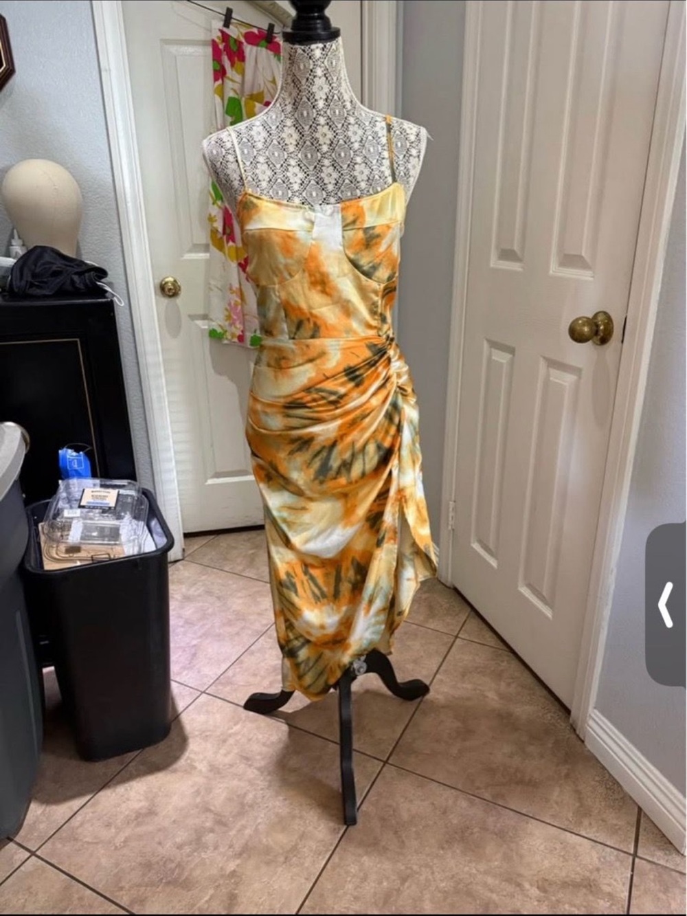 Summer Orange Tie-Dye Satin Slip Dress with Side Ruching